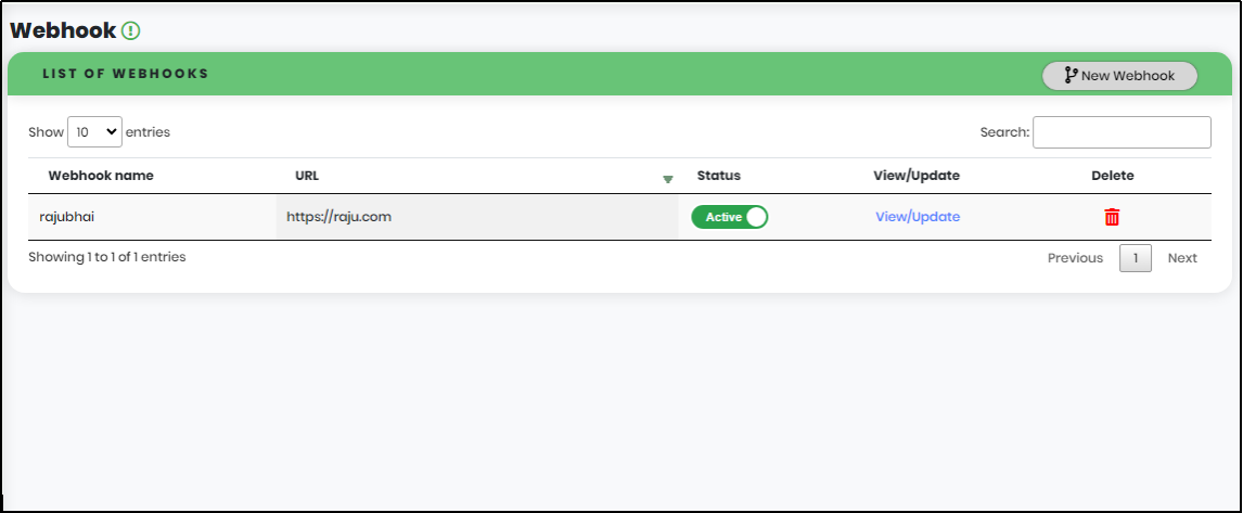 Webhook List Screen- CyLock